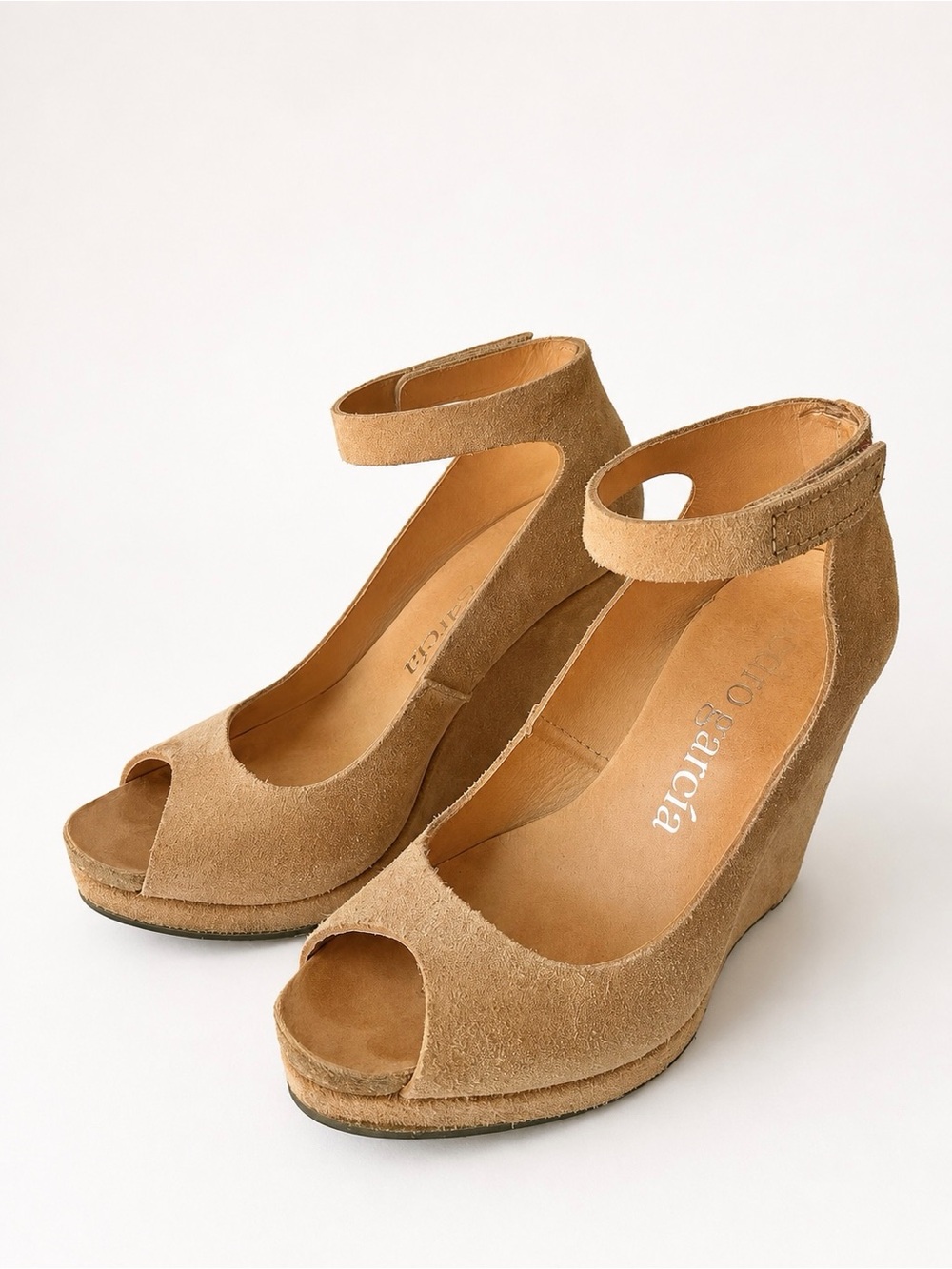 Pedro Garcia Camel Suede Wedge Sandals Size 37 US 7 Ankle Strap Peep Toe